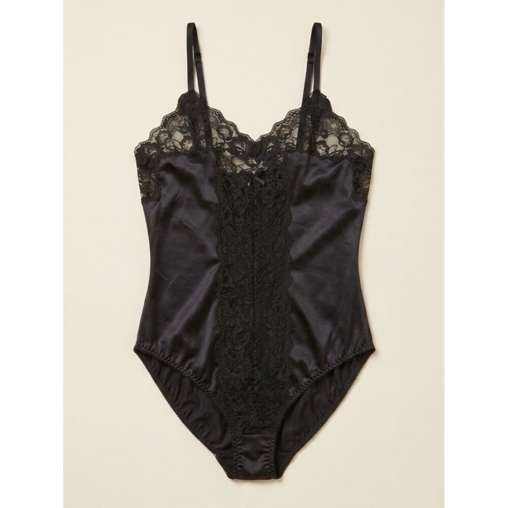 Vintage 80s Gigi Black Satin Lace Teddy Bodysuit Small